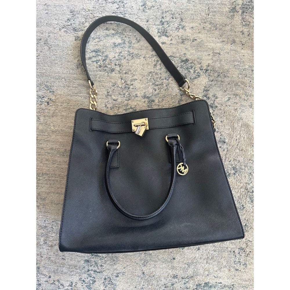 Michael Kors Black Leather Tote Bag Gold Tone Hardware‎